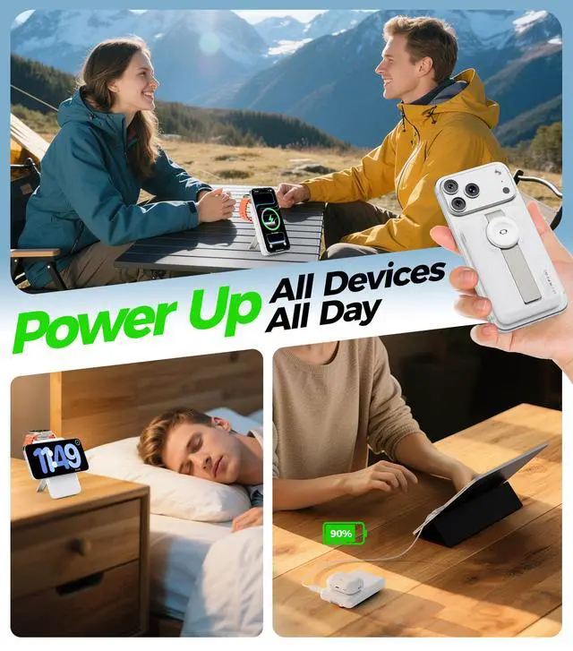 Alt view image 3 of 7 - Magnetic Portable Charger, 10000mAh MagSafe Power Bank Fast Charging with Stand, 3 in 1 Travel Essential Wireless Charger Station for iPhone 17/16/15/14/13/12, Apple Watch, Airpods, White