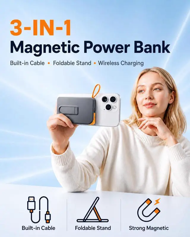 Alt view image 2 of 7 - 3-in-1 Magnetic Portable Charger with Stand, for Magsafe Power Bank Fast Charging, 10000mAh Wireless Battery Pack with Built in USB C Cable, Powerbank for iPhone17/16/15/14/13/12 Travel & Daily Use