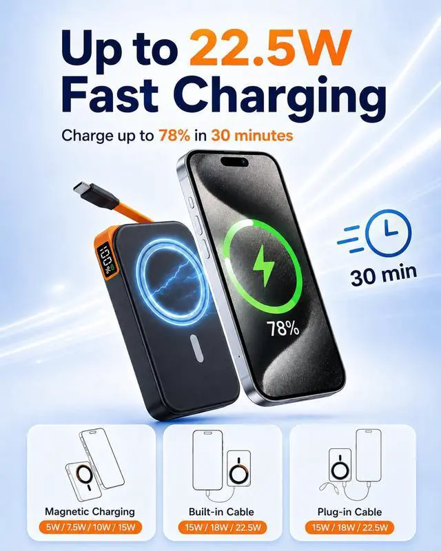 Alt view image 3 of 7 - 3-in-1 Magnetic Portable Charger with Stand, for Magsafe Power Bank Fast Charging, 10000mAh Wireless Battery Pack with Built in USB C Cable, Powerbank for iPhone17/16/15/14/13/12 Travel & Daily Use
