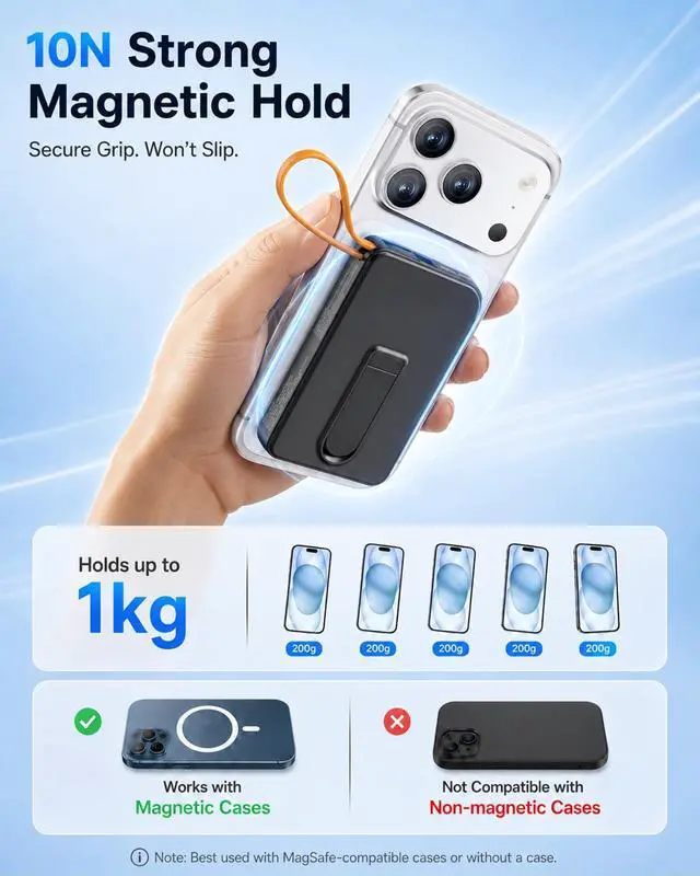 Alt view image 5 of 7 - 3-in-1 Magnetic Portable Charger with Stand, for Magsafe Power Bank Fast Charging, 10000mAh Wireless Battery Pack with Built in USB C Cable, Powerbank for iPhone17/16/15/14/13/12 Travel & Daily Use