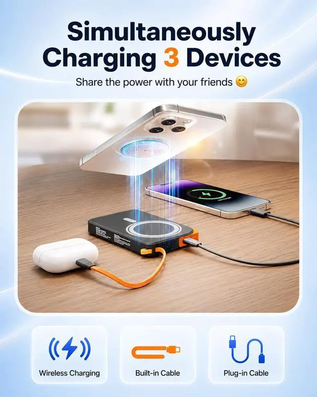 Alt view image 7 of 7 - 3-in-1 Magnetic Portable Charger with Stand, for Magsafe Power Bank Fast Charging, 10000mAh Wireless Battery Pack with Built in USB C Cable, Powerbank for iPhone17/16/15/14/13/12 Travel & Daily Use