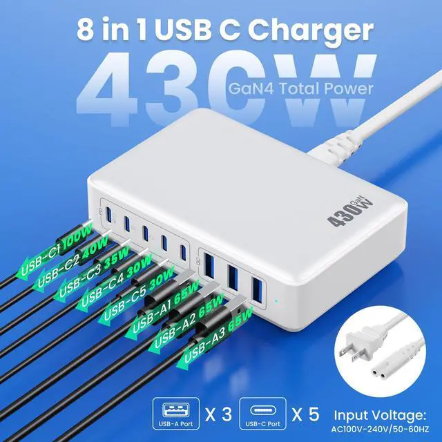 Alt view image 2 of 7 - USB C Charger 430W USB C Charger Block, 8-Ports GaN IV Fast Charging Station Hub,PD 100W Laptop Charger Adapter,for MacBook Pro/Air/iPad/iPhone16/15/14/Apple Watch/DELL/Samsung for Home Office