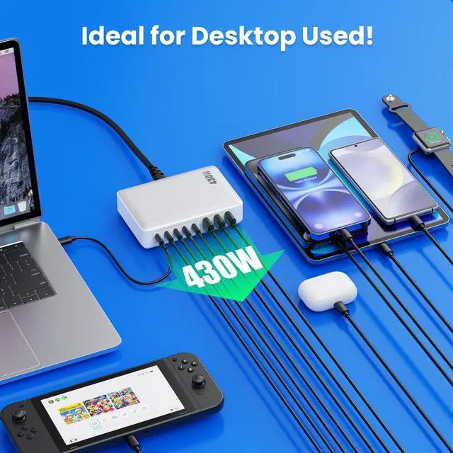 Alt view image 6 of 7 - USB C Charger 430W USB C Charger Block, 8-Ports GaN IV Fast Charging Station Hub,PD 100W Laptop Charger Adapter,for MacBook Pro/Air/iPad/iPhone16/15/14/Apple Watch/DELL/Samsung for Home Office
