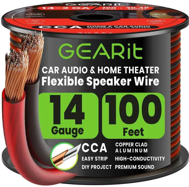 Main image of 14 Gauge Speaker Wire 100 ft,Speaker Cable with Foot Markers & Polarity Markings,14 Gauge Wire for Car Audio & Home Theater Speakers,Audio Cable for DIY Installations,CCA(Black Red)