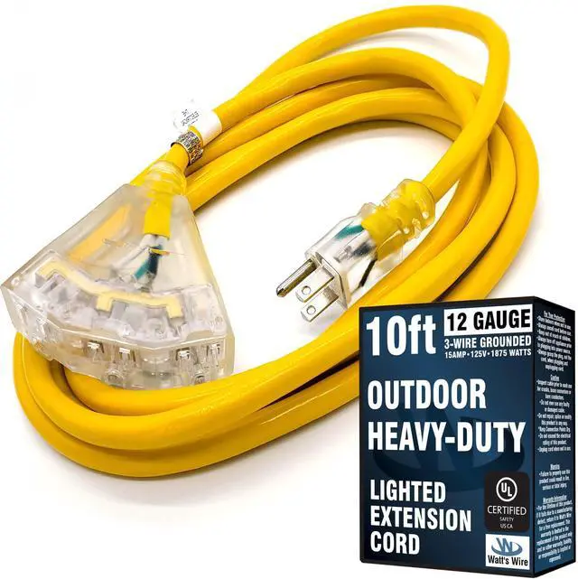 Main image of 10 ft Outdoor Extension Cord Waterproof - 12 Gauge Heavy Duty Extension Cord Splitter Outdoor 10 ft - Lighted Outdoor Extension Cords with Multiple Outlets - Watts Wire - 10' Grounded