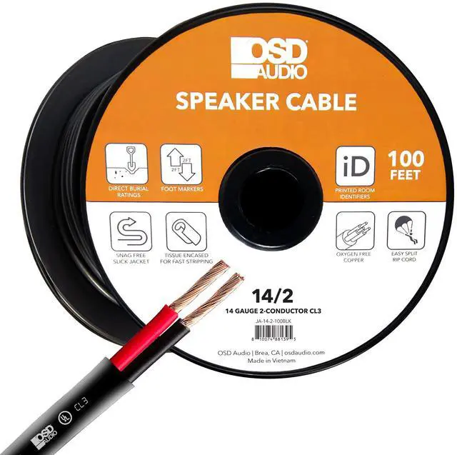 Main image of 14/2 Speaker Wire 14 AWG/Gauge 2 Conductor 100FT UL List in Wall Direct Burial Graded CL2/CL3 Oxygen Free Copper OFC - Black