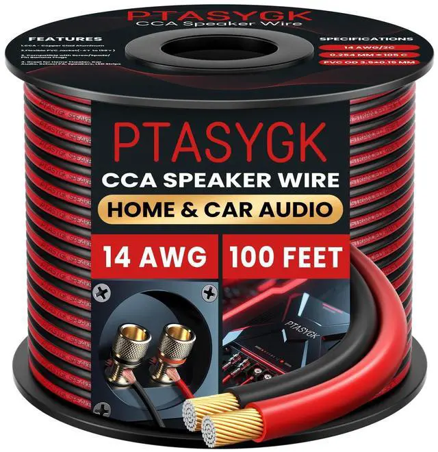 Main image of 14 Gauge Speaker Wire 100 Feet - 2 Conductor CCA Clear Audio Speaker Cable for Home Theater & Car Stereo with 1FT Markings