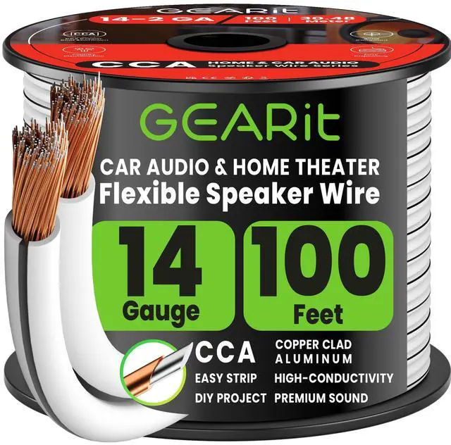 Main image of 14 Gauge Speaker Wire 100 ft,Speaker Cable with Foot Markers & Polarity Markings,14 Gauge Wire for Car Audio & Home Theater Speakers,Audio Cable for DIY Installations,CCA(White)