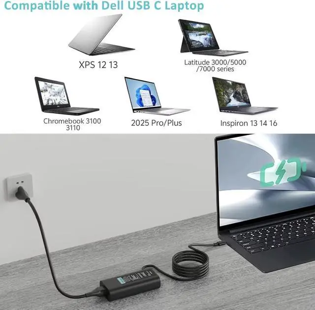 Alt view image 5 of 7 - 65W USBC Laptop Charger Compatible with Dell Latitude 5450 5420 5350 7450 7430 7420, XPS 13, Inspiron 14 16, Chromebook 3100, Replacement for Dell Laptop 65 Watt USBC AC Aadpter Power Supply
