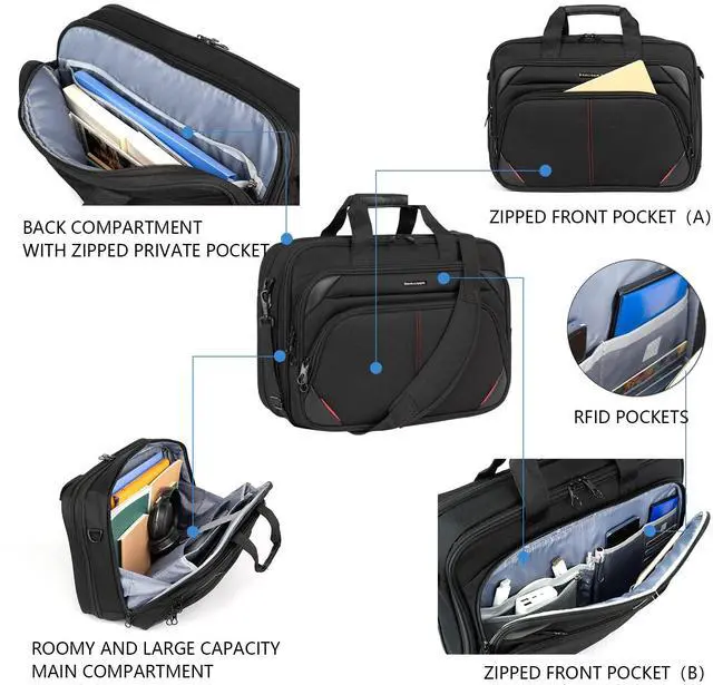 Alt view image 5 of 7 - Laptop Bag 17.3 Inch Premium Laptop Briefcase, Expandable Water Repellent Laptop Shoulder Messenger Bag Durable Computer Case for Business/Travel/Men/Women (Black/Red)