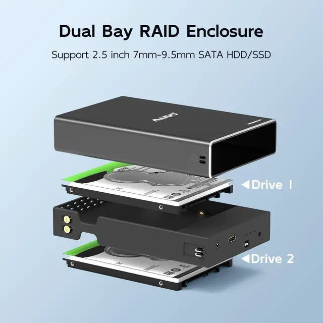 Alt view image 2 of 6 - Hard Drive RAID Enclosure Dual Bay for 2.5 Inch SATA SSD HDD, USB 3.1 GEN 2 10Gbps with UASP, RAID 0/1/JBOD/PM, 16TB Capacity, External Hard Drive Reader Case Aluminum