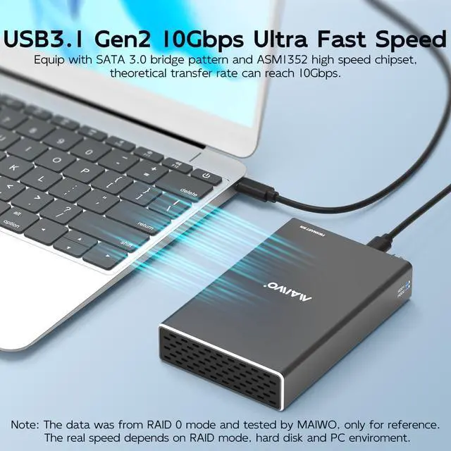 Alt view image 3 of 6 - Hard Drive RAID Enclosure Dual Bay for 2.5 Inch SATA SSD HDD, USB 3.1 GEN 2 10Gbps with UASP, RAID 0/1/JBOD/PM, 16TB Capacity, External Hard Drive Reader Case Aluminum