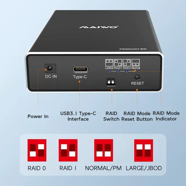 Alt view image 4 of 6 - Hard Drive RAID Enclosure Dual Bay for 2.5 Inch SATA SSD HDD, USB 3.1 GEN 2 10Gbps with UASP, RAID 0/1/JBOD/PM, 16TB Capacity, External Hard Drive Reader Case Aluminum