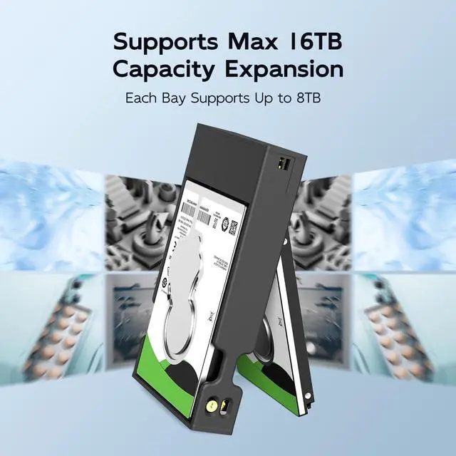 Alt view image 5 of 6 - Hard Drive RAID Enclosure Dual Bay for 2.5 Inch SATA SSD HDD, USB 3.1 GEN 2 10Gbps with UASP, RAID 0/1/JBOD/PM, 16TB Capacity, External Hard Drive Reader Case Aluminum