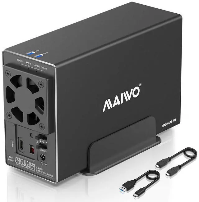 Main image of Dual Bay Hard Drive RAID Enclosure with Cooling Fan for 2.5/3.5 inch SATA SSD/HDD, 10Gbps USB C 3.1 HDD Enclosure, 48TB Capacity, RAID 0/1/JBOD/PM, Aluminum Case