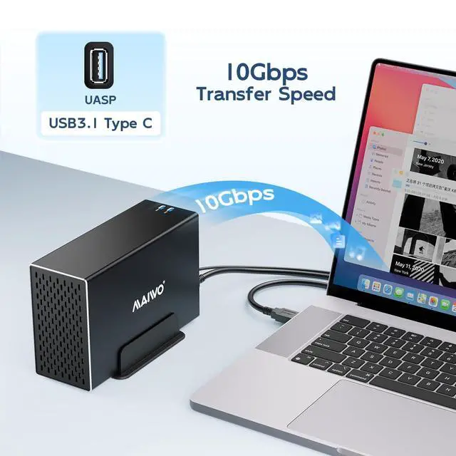Alt view image 2 of 6 - Dual Bay Hard Drive RAID Enclosure with Cooling Fan for 2.5/3.5 inch SATA SSD/HDD, 10Gbps USB C 3.1 HDD Enclosure, 48TB Capacity, RAID 0/1/JBOD/PM, Aluminum Case