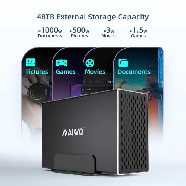 Alt view image 4 of 6 - Dual Bay Hard Drive RAID Enclosure with Cooling Fan for 2.5/3.5 inch SATA SSD/HDD, 10Gbps USB C 3.1 HDD Enclosure, 48TB Capacity, RAID 0/1/JBOD/PM, Aluminum Case