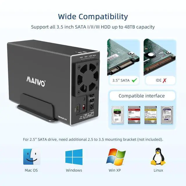 Alt view image 3 of 6 - Dual Bay Hard Drive RAID Enclosure with Cooling Fan for 2.5/3.5 inch SATA SSD/HDD, 10Gbps USB C 3.1 HDD Enclosure, 48TB Capacity, RAID 0/1/JBOD/PM, Aluminum Case