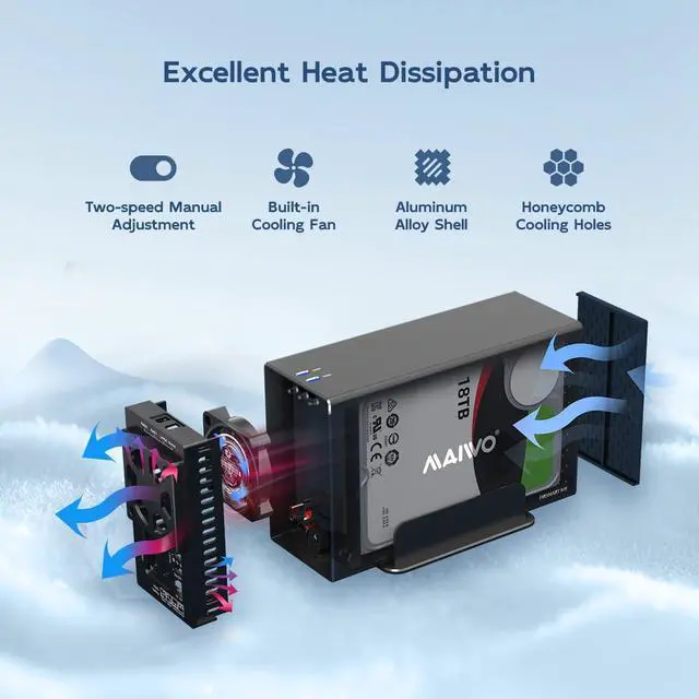 Alt view image 6 of 6 - Dual Bay Hard Drive RAID Enclosure with Cooling Fan for 2.5/3.5 inch SATA SSD/HDD, 10Gbps USB C 3.1 HDD Enclosure, 48TB Capacity, RAID 0/1/JBOD/PM, Aluminum Case
