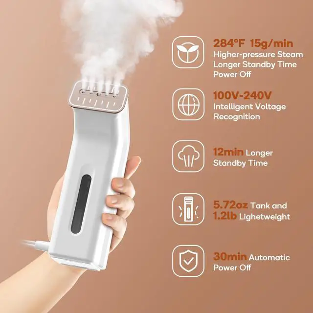 Alt view image 3 of 7 - Portable Travel Steamer for Clothes,Dual Voltage & Wrong Voltage Alarm,100-240V Steamer & Iron 2 In 1,Integrated Large 170ml Tank Travel size,12-Min Continuous Steam,Fast Handheld Wrinkle Remover