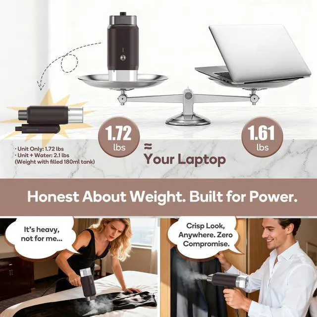 Alt view image 2 of 7 - Professional Business Travel Steamer, 1200W High-Power Dual Voltage (100-240V), Fast 20s Heat Up for Clothes Horizontal Vertical Steaming, Foldable & Solid 1.72 lbs, 180ml (Brown)