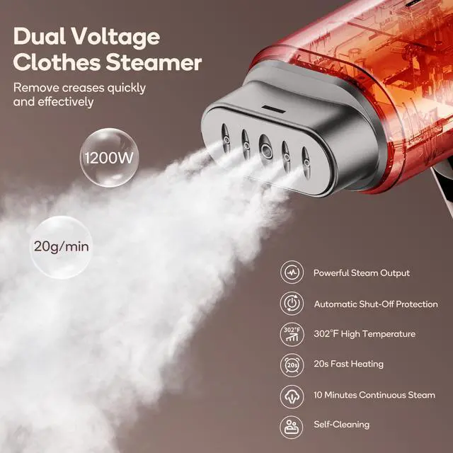 Alt view image 5 of 7 - Professional Business Travel Steamer, 1200W High-Power Dual Voltage (100-240V), Fast 20s Heat Up for Clothes Horizontal Vertical Steaming, Foldable & Solid 1.72 lbs, 180ml (Brown)