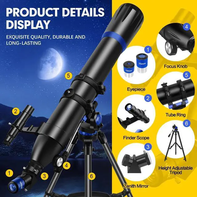 Alt view image 5 of 6 - Telescope, 90mm Aperture 800mm-Telescope for Adults & Kids, Professional Refractor Telescopes for Adults High Powered, Beginner-Friendly, Phone Adapter & Stable Stainless Tripod, Portable Carry Bag