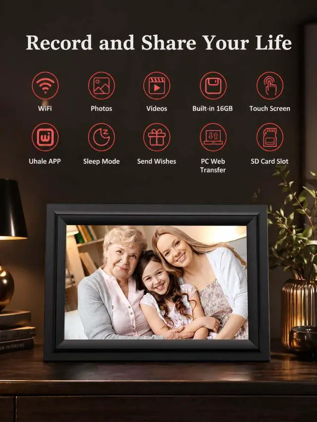 Alt view image 2 of 7 - Digital Picture Frame 10.1 Inch WiFi Digital Photo Frame Electronic, IPS Touch Screen, 16GB, Tabletop&Wall-Mounted, Share Photos and Video with Uhale App, Birthday Gifts for Mom Women