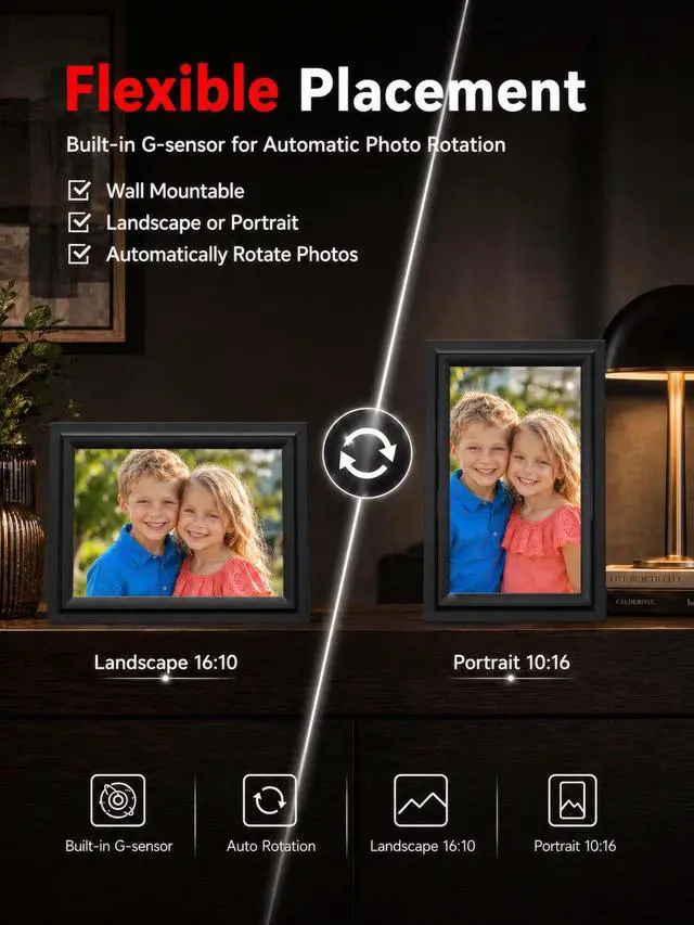 Alt view image 6 of 7 - Digital Picture Frame 10.1 Inch WiFi Digital Photo Frame Electronic, IPS Touch Screen, 16GB, Tabletop&Wall-Mounted, Share Photos and Video with Uhale App, Birthday Gifts for Mom Women