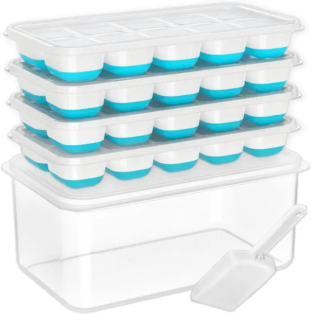 Main image of Ice Cube Tray with Lid and Bin - 4 Pack Silicone Ice Cube Trays for Freezer, Stackable Ice Bucket Kits with Storage Container & Scoop for Kitchen, RV, Cocktail, Coffee