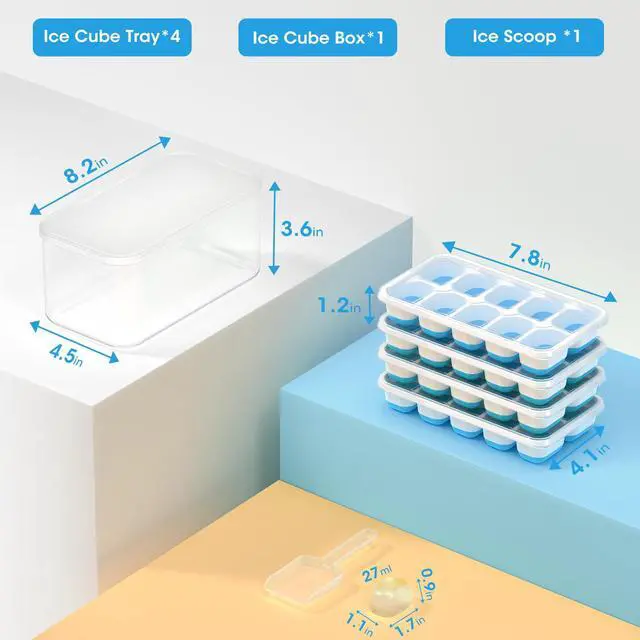 Alt view image 6 of 7 - Ice Cube Tray with Lid and Bin - 4 Pack Silicone Ice Cube Trays for Freezer, Stackable Ice Bucket Kits with Storage Container & Scoop for Kitchen, RV, Cocktail, Coffee