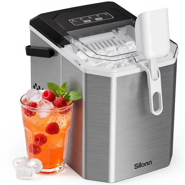Main image of Ice Maker Countertop, Stainless Steel Portable Ice Machine with Carry Handle, Self-Cleaning Ice Makers with Basket and Scoop, 9 Cubes in 6 Mins, 26 lbs per Day