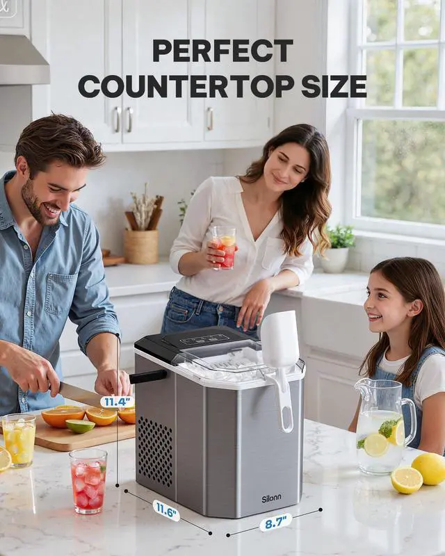 Alt view image 2 of 6 - Ice Maker Countertop, Stainless Steel Portable Ice Machine with Carry Handle, Self-Cleaning Ice Makers with Basket and Scoop, 9 Cubes in 6 Mins, 26 lbs per Day
