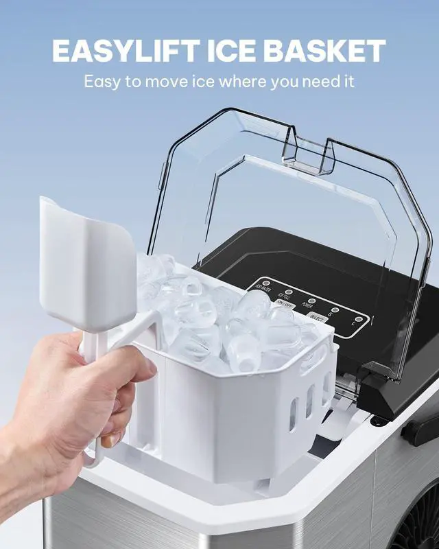 Alt view image 5 of 6 - Ice Maker Countertop, Stainless Steel Portable Ice Machine with Carry Handle, Self-Cleaning Ice Makers with Basket and Scoop, 9 Cubes in 6 Mins, 26 lbs per Day
