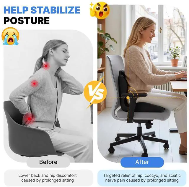 Alt view image 3 of 7 - Ergonomic Seat Cushion, Office Chair Seat Cushions with L-Shaped Design, Memory Foam Orthopedic Cushion with Coccyx Hollow, Lumbar Support & Tailbone Pain Relief for Car, Truck, Gaming Chair (Black)