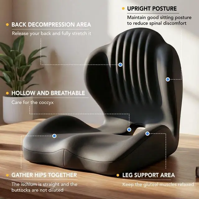 Alt view image 5 of 7 - Ergonomic Seat Cushion, Office Chair Seat Cushions with L-Shaped Design, Memory Foam Orthopedic Cushion with Coccyx Hollow, Lumbar Support & Tailbone Pain Relief for Car, Truck, Gaming Chair (Black)