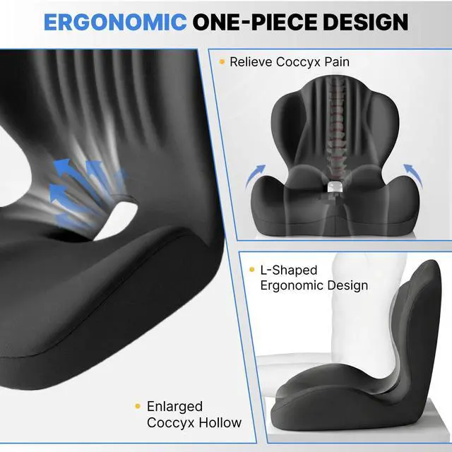 Alt view image 4 of 7 - Ergonomic Seat Cushion, Office Chair Seat Cushions with L-Shaped Design, Memory Foam Orthopedic Cushion with Coccyx Hollow, Lumbar Support & Tailbone Pain Relief for Car, Truck, Gaming Chair (Black)