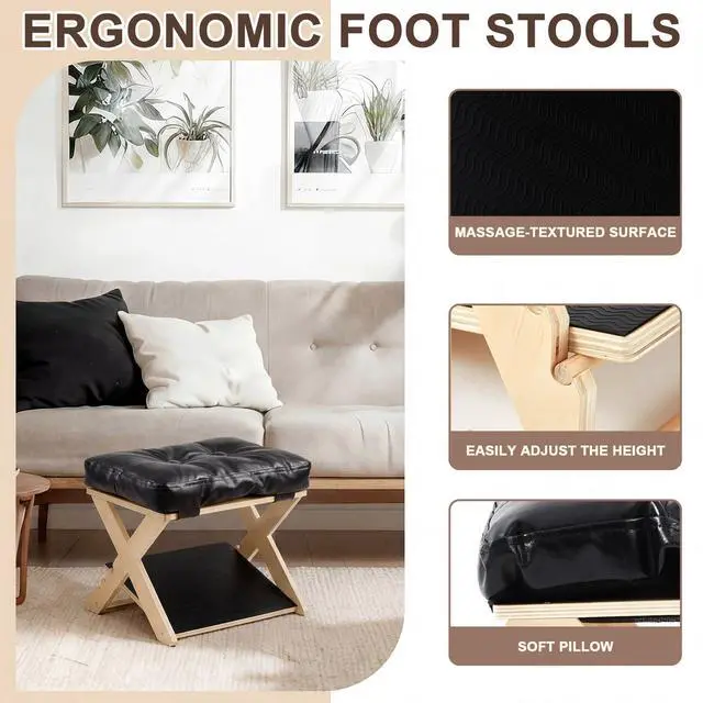 Alt view image 2 of 6 - Double Step Foot Rest for Under Desk Ergonomic Footrest with Massage Surface, Non-Slip Adjustable Wooden Foot Stool with Cushion for Improving Sitting Posture, Office Work & Home(Natural)