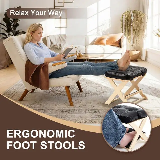 Alt view image 6 of 6 - Double Step Foot Rest for Under Desk Ergonomic Footrest with Massage Surface, Non-Slip Adjustable Wooden Foot Stool with Cushion for Improving Sitting Posture, Office Work & Home(Natural)