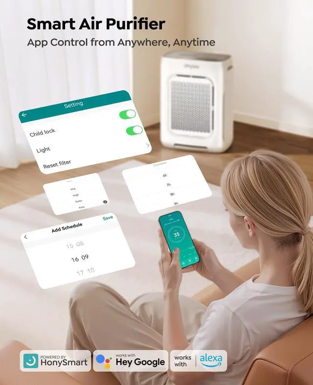 Alt view image 5 of 7 - Air Purifier for Home Large Room up to 3000Ft², HEPA Air Purifier with Washable Double-Sided Filters, Smart WiFi, AQI Display, Air Cleaner for Pets, Allergies, Dust, Pollen, 15dB Sleep Mode, Fragrance
