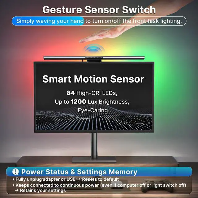 Alt view image 7 of 7 - Computer Monitor Light Bar with Backlight for Home Office, Eye-Caring USB LED Reading Lamp, Dimmable Screen Monitor Lamp, Smart Motion Sensor, Touch Control, CRI 95+, No Screen Glare for (RGB)