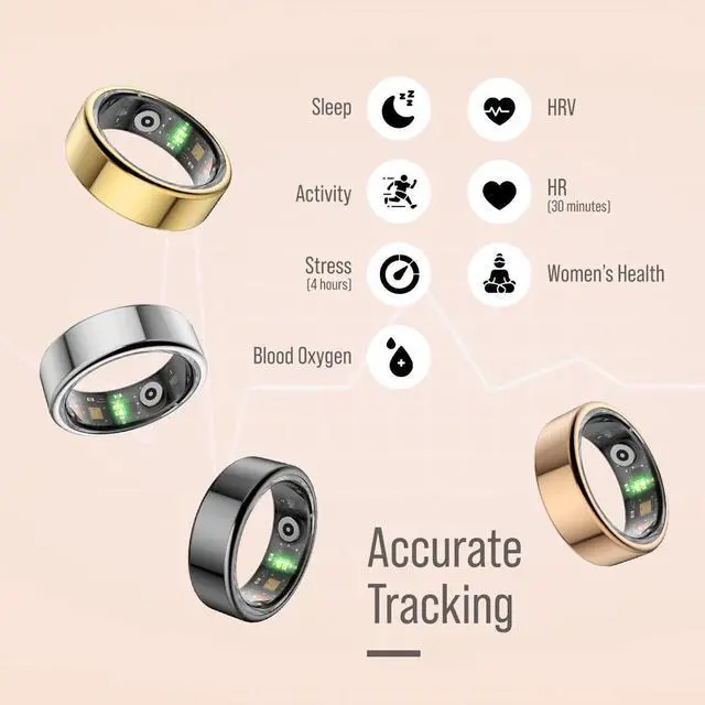 Alt view image 5 of 7 - Herz P1 Smart Ring for Women & Men - (Size 8) 24/7 Health Metrics Fitness Ring, Tracks 20+ Biometrics, 6 Day Battery Life, Waterproof Stainless Steel, Free APP for iOS Android, No Subscription