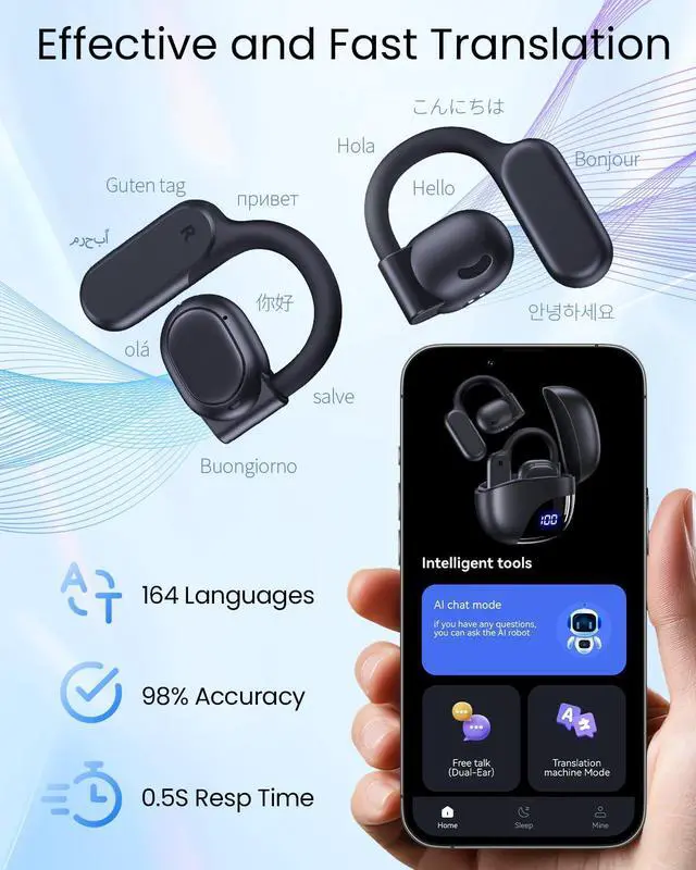 Alt view image 6 of 6 - AI Translation Earbuds Real Time 164 Languages 80H Playtime Translator Ear Buds Audifonos Traductores Inglés Español Wireless Earphones Bluetooth AI Headphone for Travel Meeting Learning K08 Black