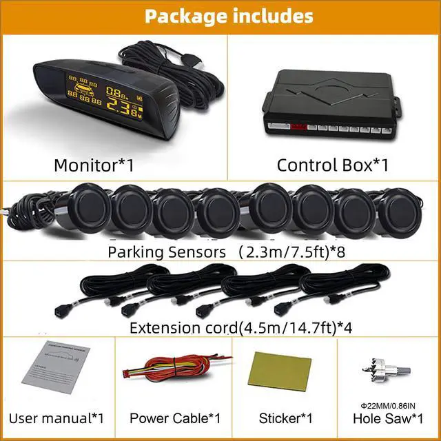 Alt view image 2 of 7 - Front & Rear 8 Parking Sensor Kit with LCD Display Parktronic 22mm Probes Reverse Backup Radar System Distance Detection Sound Warning for Vehicle car SUV
