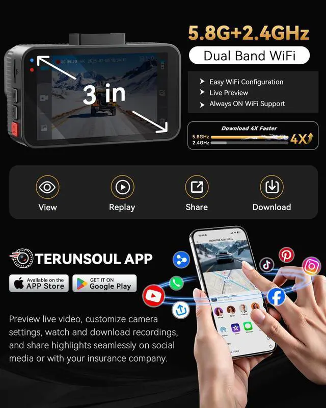 Alt view image 4 of 7 - 4K+4K Dash Cam Front and Rear, Free 128GB Card Included, 5.8GHz WiFi Dash Camera for Cars, Built-in GPS, G-Sensor, 170°Wide Angle, 3" IPS Screen, Support 512GB Max