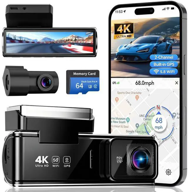 Main image of 4K Dual Dash Cam Front and Rear, 2 Channel Car Camera with Built-in GPS 5.8GHz WiFi, 3.5" IPS Screen, 64GB Card Included, 170° Wide Angle, Night Vision, 24H Parking Monitor for Cars