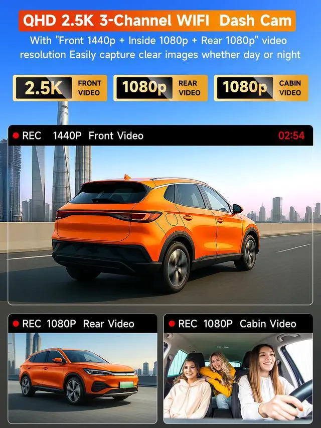 Alt view image 2 of 7 - 3 Channel 4K Dash Cam with 5GHz WiFi & APP Control, 4K+1080P+1080P Front Inside and Rear, Triple Dash Camera with 64GB Card, 24 Hours Parking Mode, Loop Recording, Night Vision