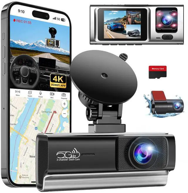 Main image of 3 Channel 4K Dash Cam with 5GHz WiFi & APP Control, 4K+1080P+1080P Front Inside and Rear, Triple Dash Camera with 64GB Card, 24 Hours Parking Mode, Loop Recording, Night Vision