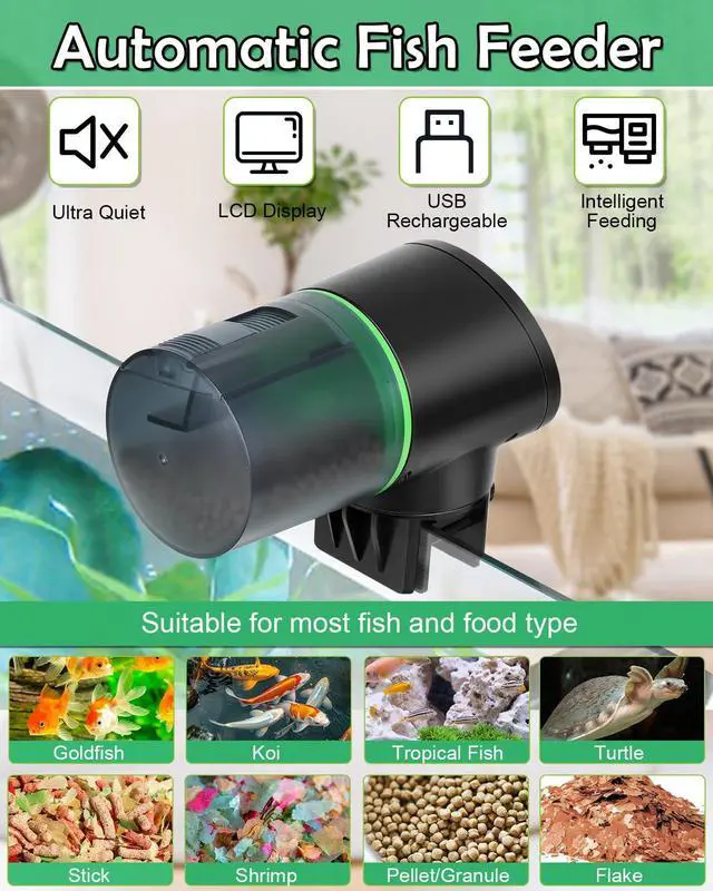 Alt view image 2 of 7 - Automatic Fish Feeder for Aquariums - Rechargeable Auto Fish Food Dispenser Timer Feeder with USB Charger CableLCD Screen, Customized Schedule