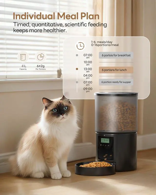 Alt view image 2 of 7 - Automatic Cat Feeder Food Dispenser: 4L Timed Small Dog Dry Food Dispenser with 10s Voice - Distributeur Nourriture Chat Hund Programmable - Auto Pet Feeder with 1-6 Meals Per Day
